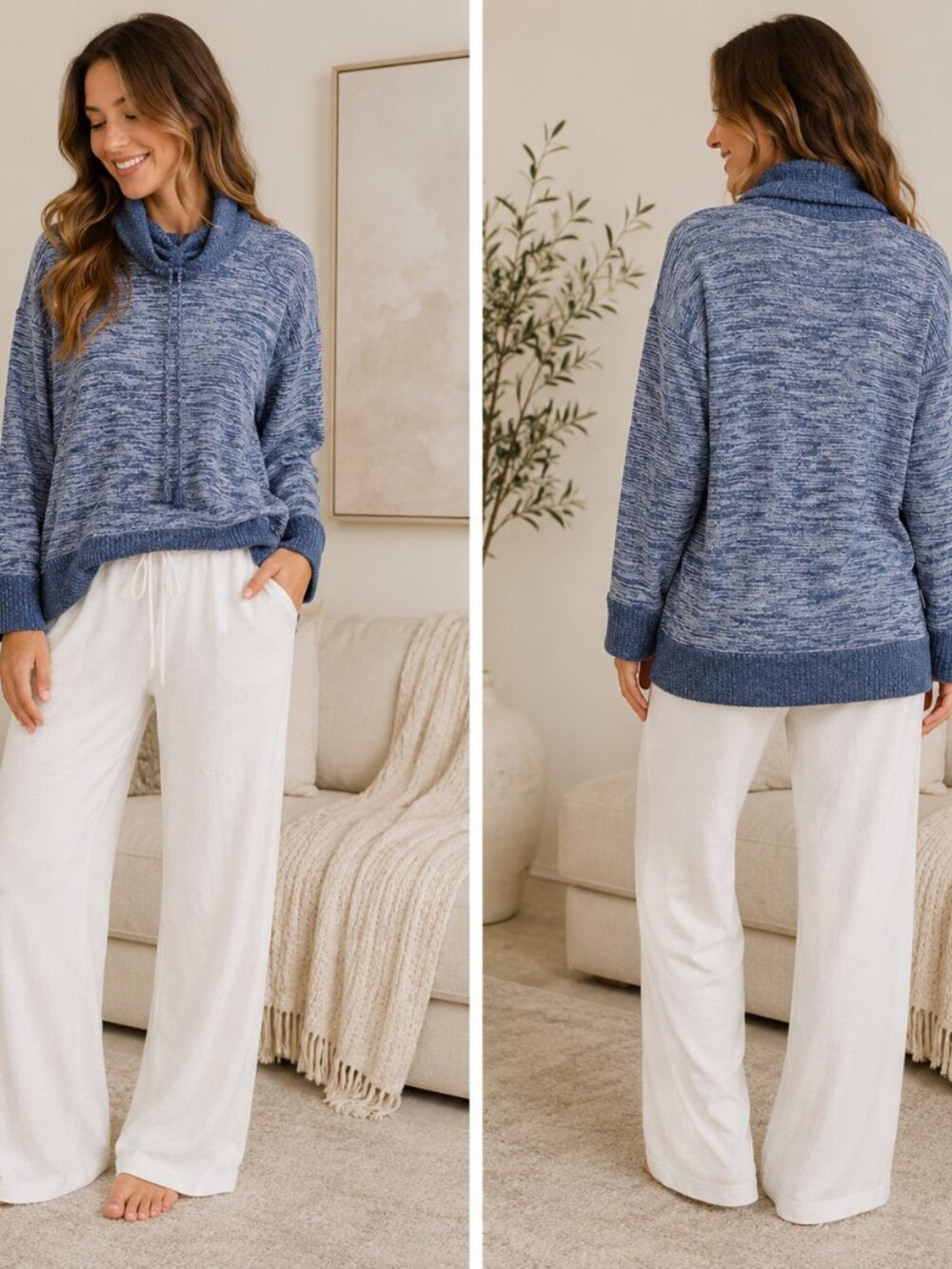 Chico´s Blue Cowl Neck LOng Sleeve  Sweatshirt Top Sz 2/large lounge
